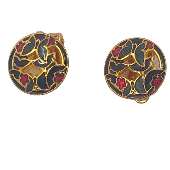 Vintage Cloisonné Enamel Floral Clip On Earrings - Picture 2 of 4